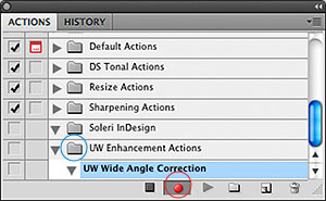 Actions panel showing the active red record light and highlighting the new underwater wide angle correction action - Click to Enlarge Figure 1.2